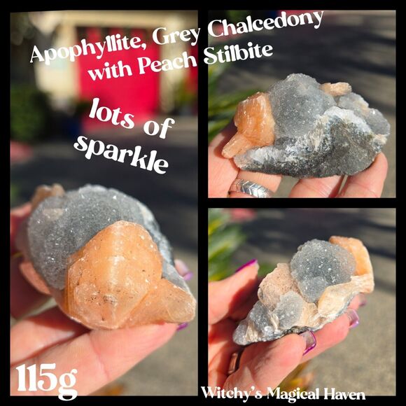 Apophyllite Gray Chalcedony Peach Stilbite Zeolite Crystal, 115g - Picture 1 of 14